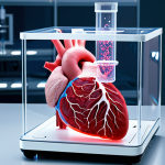 A highly futuristic and sterile bioprinting laboratory. A sleek, advanced 3D bioprinter is actively fabricating a complex, translucent human organ, such as a heart or kidney. The organ structure pulsates with a faint, internal glow, vividly displaying an intricate, bright red vascular network that permeates its entire form, emphasizing successful vascularization. A holographic AI interface floats adjacent, displaying complex biological data, genetic sequences, and real-time printing parameters. The scene evokes a sense of awe and revolutionary personalized medicine, illustrating the concept of "organ-on-demand." High resolution, scientific art, hopeful, futuristic, clean aesthetic.