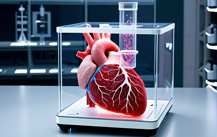A highly futuristic and sterile bioprinting laboratory. A sleek, advanced 3D bioprinter is actively fabricating a complex, translucent human organ, such as a heart or kidney. The organ structure pulsates with a faint, internal glow, vividly displaying an intricate, bright red vascular network that permeates its entire form, emphasizing successful vascularization. A holographic AI interface floats adjacent, displaying complex biological data, genetic sequences, and real-time printing parameters. The scene evokes a sense of awe and revolutionary personalized medicine, illustrating the concept of "organ-on-demand." High resolution, scientific art, hopeful, futuristic, clean aesthetic.