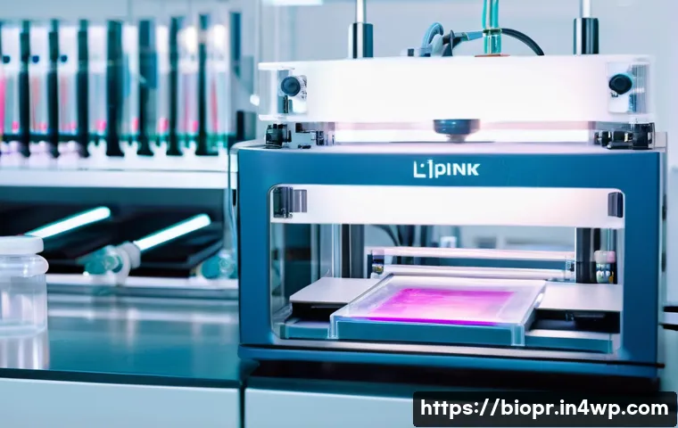 바이오프린팅의 성공적인 상용화 사례 - **Prompt:** A close-up shot of a 3D bioprinting machine in a sterile laboratory environment. The mac...