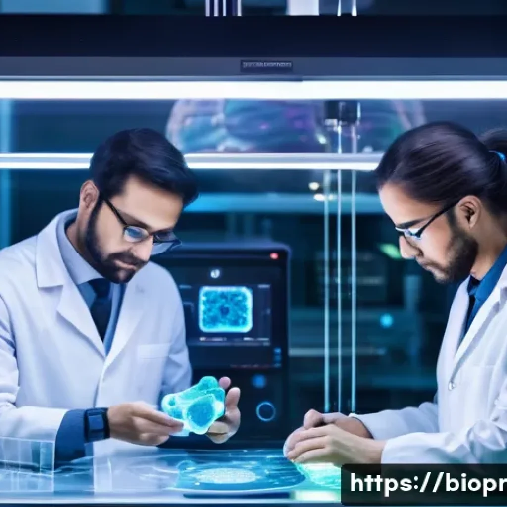바이오프린팅의 혁신을 위한 창의적 접근법 - A futuristic biomedical laboratory scene showcasing the integration of diverse technologies in biopr...