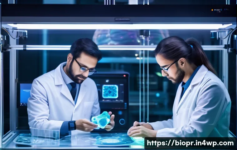 바이오프린팅의 혁신을 위한 창의적 접근법 - A futuristic biomedical laboratory scene showcasing the integration of diverse technologies in biopr...