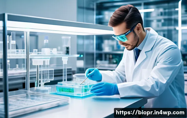 바이오프린팅과 생명윤리 간의 균형 찾기 - A highly detailed futuristic biomedical laboratory where scientists wearing lab coats and protective...