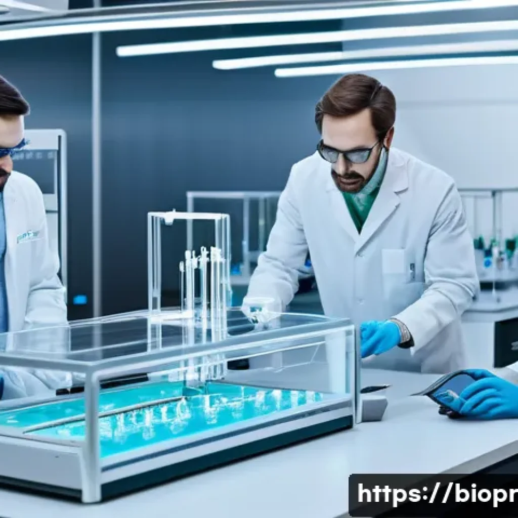 바이오프린팅의 혁신을 위한 협력 연구 - A highly detailed futuristic laboratory scene showing a multidisciplinary team of scientists and eng...