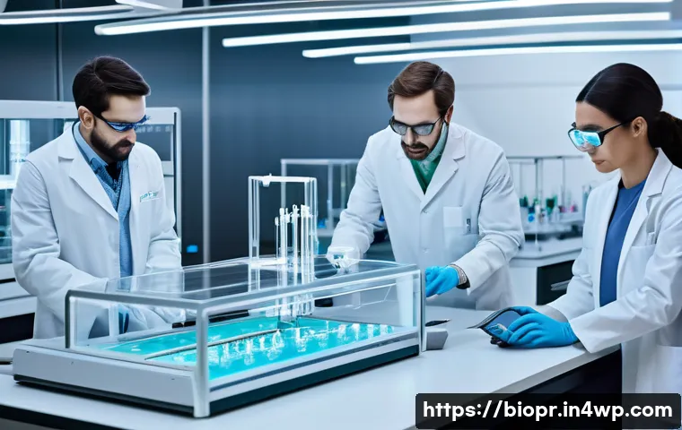 바이오프린팅의 혁신을 위한 협력 연구 - A highly detailed futuristic laboratory scene showing a multidisciplinary team of scientists and eng...