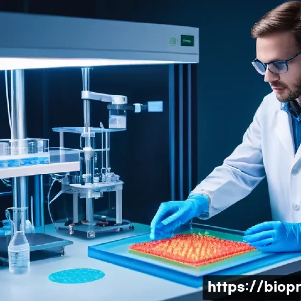 바이오프린팅의 혁신적 사례 및 성공 전략 - A highly detailed 3D bio-printing laboratory scene showing a state-of-the-art bioprinter creating a ...
