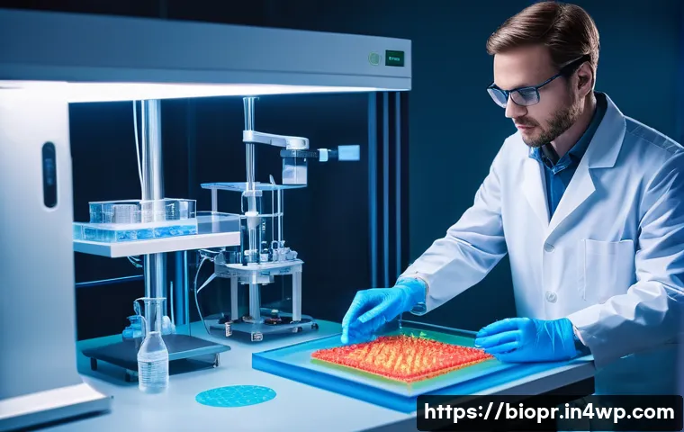 바이오프린팅의 혁신적 사례 및 성공 전략 - A highly detailed 3D bio-printing laboratory scene showing a state-of-the-art bioprinter creating a ...