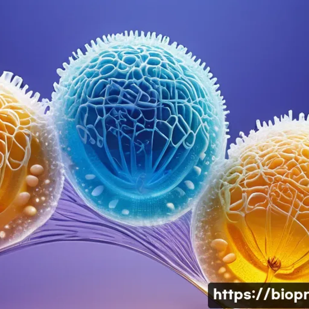 바이오프린팅의 생물학적 적합성 연구 - A highly detailed scientific illustration of bioink composition showing living cells embedded within...