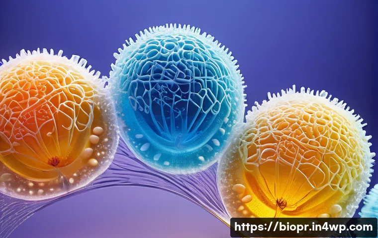 바이오프린팅의 생물학적 적합성 연구 - A highly detailed scientific illustration of bioink composition showing living cells embedded within...