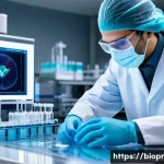 Home 21 바이오프린팅 기술의 상용화 전망 - A futuristic medical laboratory scene showcasing a high-resolution 3D bioprinter in action, precisel...