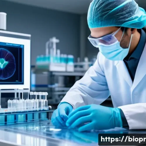 Home 33 바이오프린팅 기술의 상용화 전망 - A futuristic medical laboratory scene showcasing a high-resolution 3D bioprinter in action, precisel...