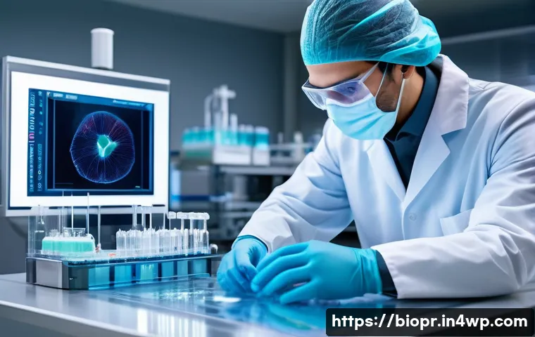 바이오프린팅 기술의 상용화 전망 - A futuristic medical laboratory scene showcasing a high-resolution 3D bioprinter in action, precisel...