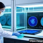Home 20 바이오프린팅과 인공지능의 결합 가능성 - A highly detailed, futuristic laboratory scene showing a sophisticated 3D bioprinter actively printi...
