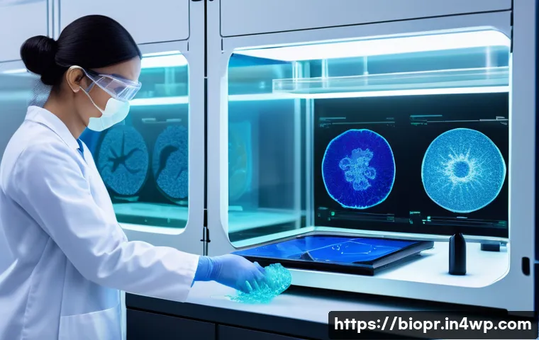 바이오프린팅과 인공지능의 결합 가능성 - A highly detailed, futuristic laboratory scene showing a sophisticated 3D bioprinter actively printi...