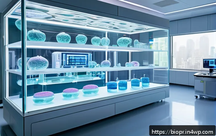 바이오프린팅의 창의적 응용 가능성 - A futuristic biomedical laboratory scene showcasing a high-tech 3D bioprinter meticulously fabricati...