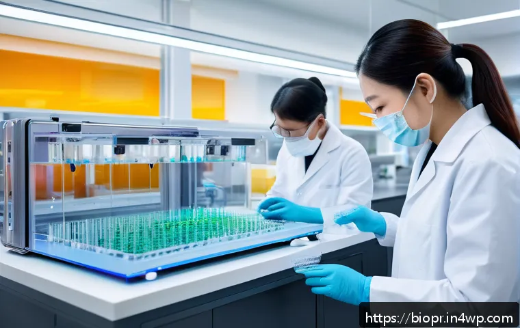 바이오프린팅에서의 최신 혁신 기술 - A highly detailed 3D bioprinting laboratory scene showing a futuristic bioprinter precisely depositi...