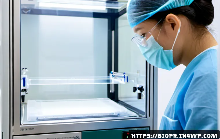 바이오프린팅과 커스터마이징 의료 서비스 - Photorealistic hospital bioprinting laboratory, a biomedical engineer in clean protective attire exa...