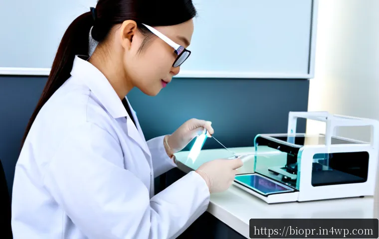 바이오프린팅의 경제적 기회 및 도전 과제 - Photorealistic modern bioprinting laboratory, a focused scientist in clean lab coat and protective g...
