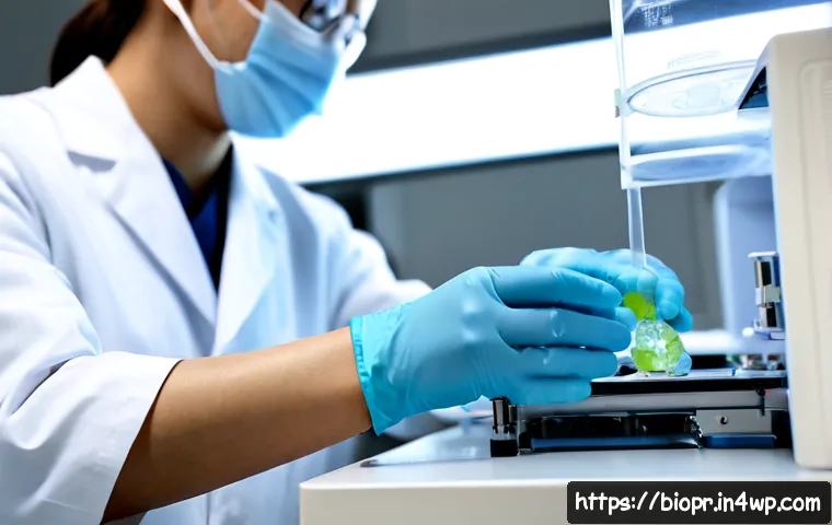 바이오프린팅을 통한 인공 장기 제작 과정 - Photorealistic biomedical laboratory scene showing a gloved scientist operating a sterile 3D bioprin...
